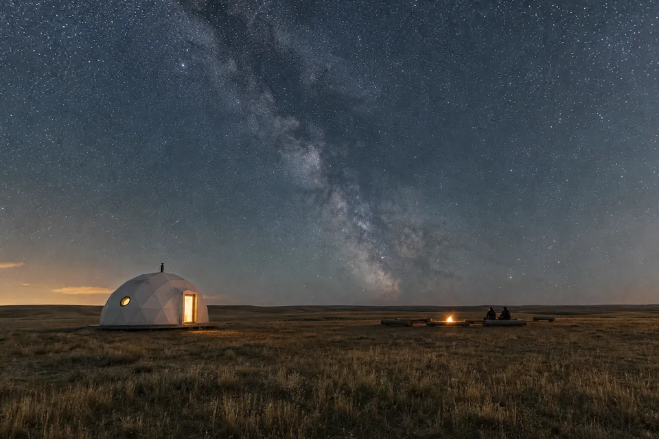 A small white geodesic dome on dark grassland under the Milky Way, with a small campfire nearby