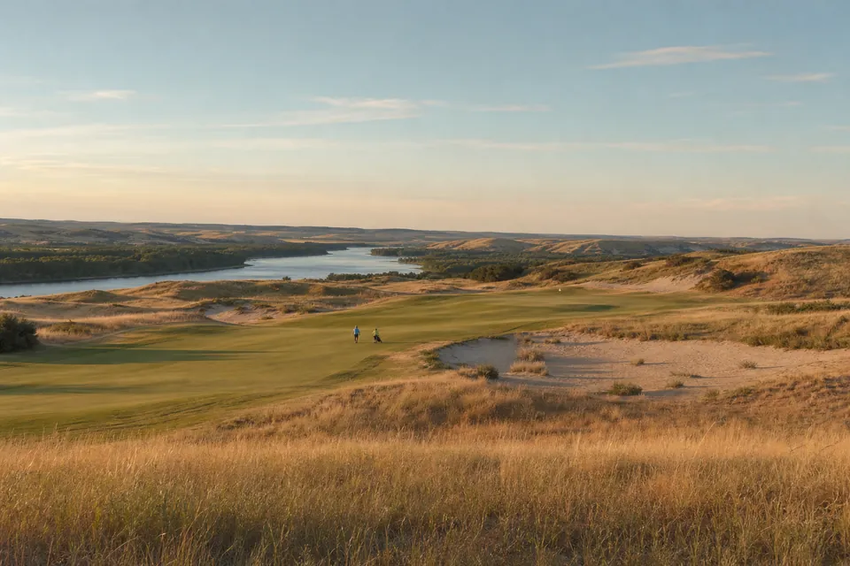 Golf fairway between sand dunes and prairie grass above a wide river valley