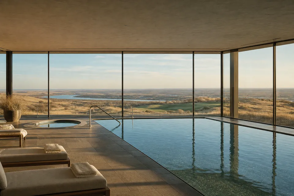 Indoor pool and round hot tub behind full-height glass looking over golf fairways and a river valley