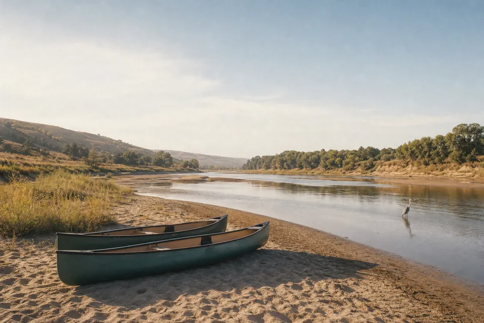 Two canoes on a sandy bank of a wide, slow prairie river lined with cottonwoods