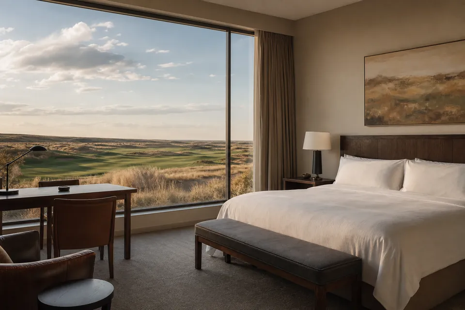 Hotel room with a king bed and a full-height window onto green fairways and prairie