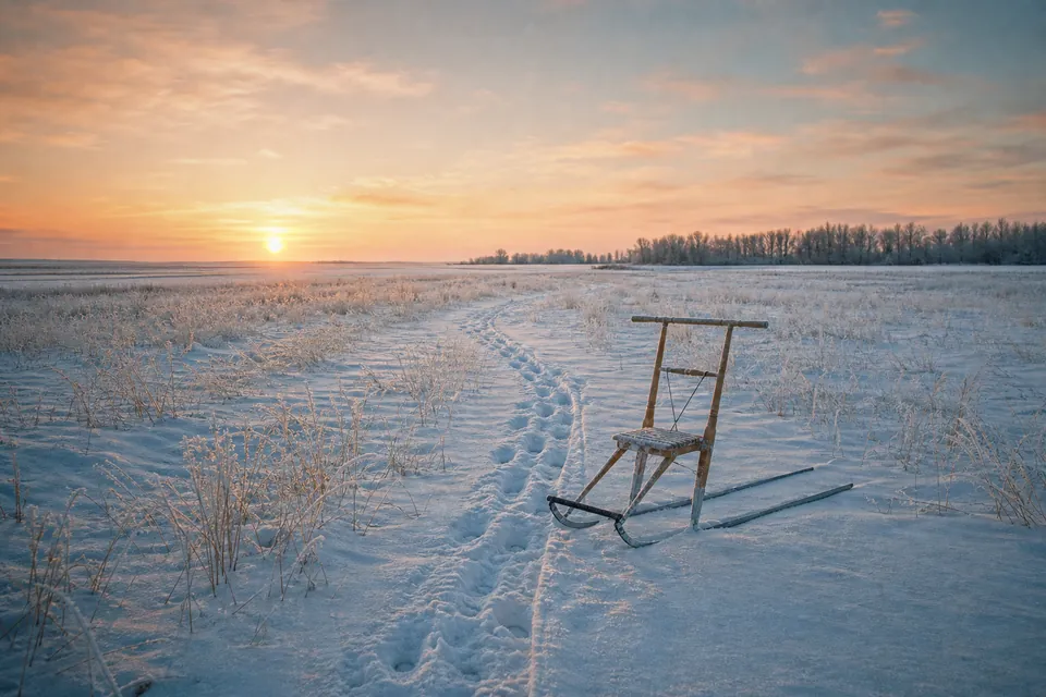 A kick-sled beside snowshoe tracks on a snowy prairie trail at sunset